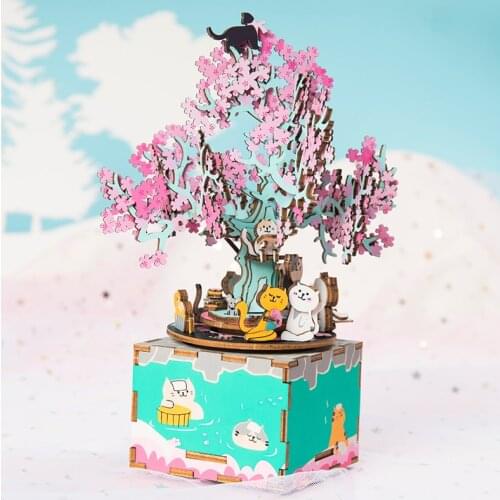 Robotime DIY Wooden Blocks 148pcs 3D Wooden Puzzle Cherry Tree Cat Assembly Music Box Gift Toys for Children Kids Adult AM409