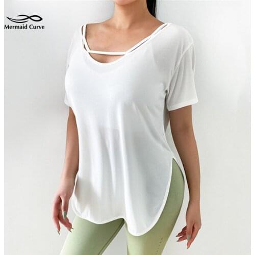 Mermaid Curve Summer Thin Breathable Quick-Dry Short Sleeve Running T-shirt Yoga Exercise T-shirt Loose Fitness Sport Tees Top