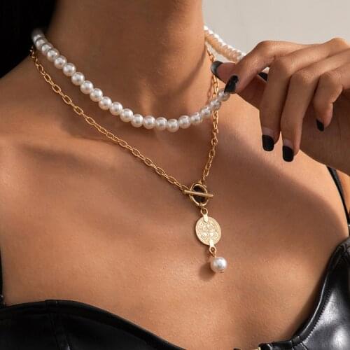 TIMEONLY Vintage Multi Layered Portrait Pendamt Necklaces for Women Girls Simulated Pearl OT Lock Necklace Retro Accessories
