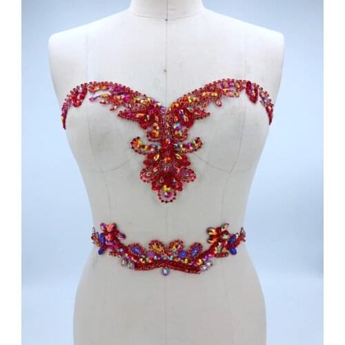 HAUT Red Hand Made Sew-on AB Crystal Rhinestones Chest Waist Designer Appliques Patches Sewing for Diy Wedding Dress Decorations