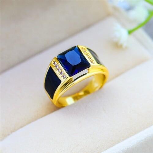 Vintage Male Big Square Blue Zircon Ring Luxury Yellow Gold Color Party Ring Fashion Wedding Engagement Rings For Men