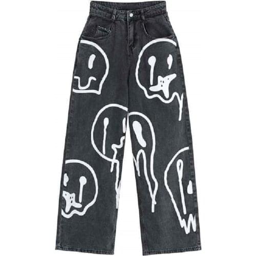 2021 New Autumn and Winter Retro Jeans Ins Dark Print Graffiti Men and Women Casual Commuting Loose Lazy Drape Wide-Leg Pants