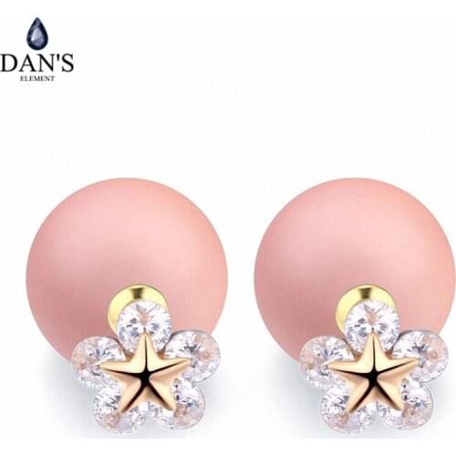 DANS ELEMENT Real Big Brand AAA Zirconia Rose Gold Color Simulated Pearl Fashion Ball Stud Earrings For Women Flower 113605