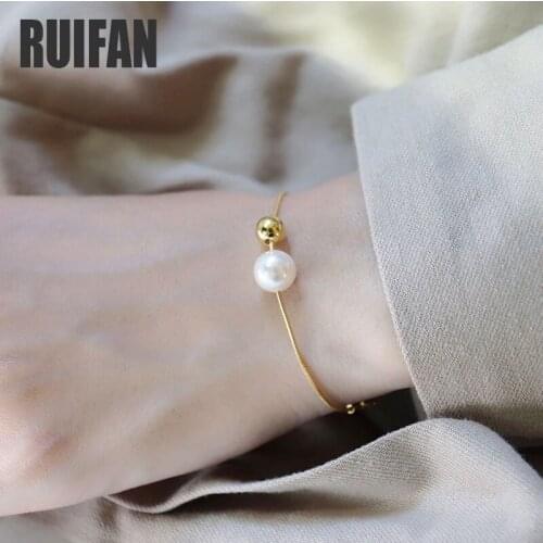 Ruifan Chic Pearl Gold Color Bead Real 925 Sterling Silver Snake Chain Bracelet for Women Female Trendy Bracelets Jewelry YBR178