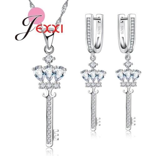 Charms Keys Pendants Necklace Earrings Jewelry Sets Sterling Silver Women Wedding Anniversary Crystal Fashion Jewellery
