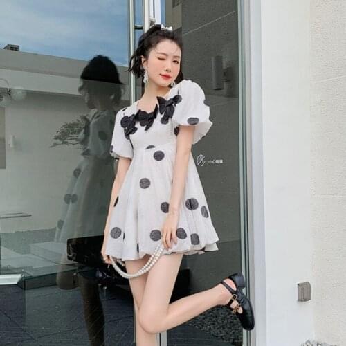 French Sweet Bowknot Polka Dot Print Dress 2021 Summer New Women Square Neck Puff Sleeve A-line Dress
