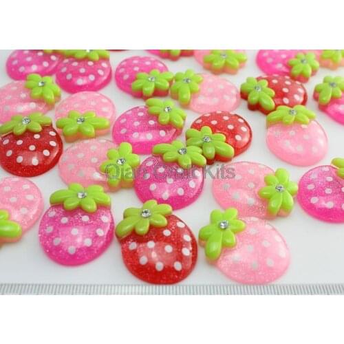 100pcs Resin big glitter mix color strawberry Cabochons (30x25mm) Cell phone decor, hair pin, rings DIY glitter cab stone
