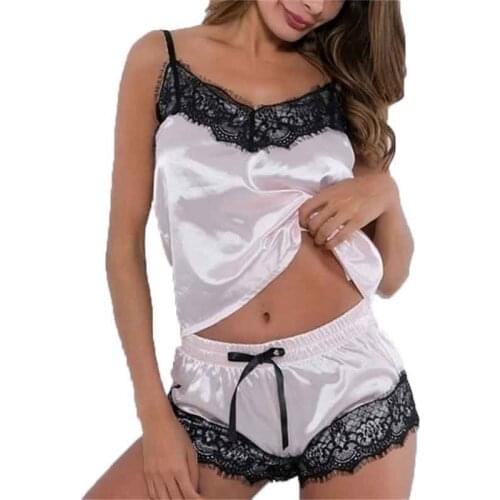 Satin Pajamas Sexy Lace Pijama Nightie Sleepwear Ladies Home Clothes Tops and Shorts Womens Silk Solid Color Pajamas Suit
