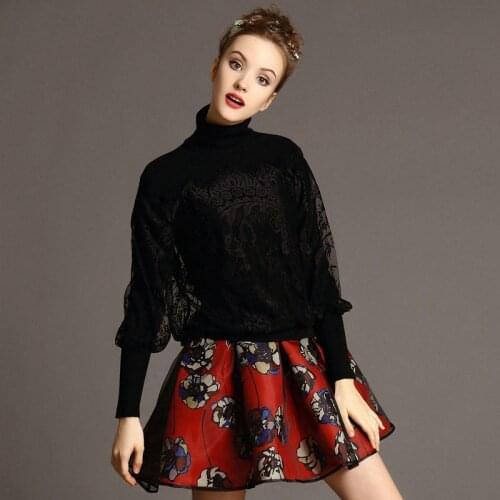 Free shipping 2015 new spring printed skirt suit Temperament of bud silk turtleneck sweater + printing skirt suits