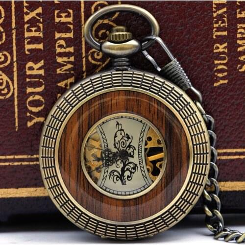 Best Bronze Wooden Skeleton Roman Number Dial Mechanical Pocket Watch With Fob Chain for Men Women PJX051