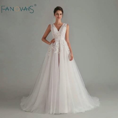 Elegant Boho Wedding Dress 2020 V-Neck Sleeveless Backless Bride Dress Long vestido de noiva robe de mariee Lace Wedding Gown