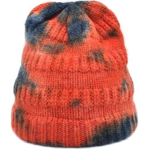 FUODRAO New Tie dye Ponytail Messy Bun Beanie Tail Knit Hole Soft Stretch Cable Winter Hat for Women Cross Riband Caps Z24