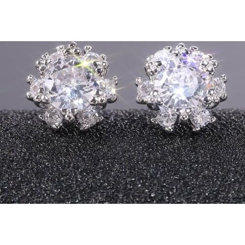 Delicate Shining Plum Flower Cubic Zirconia White Gold Color Stud Earrings For Women Valentines Day Fashion Jewelry Gifts