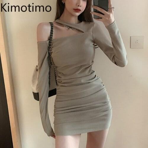 Kimotimo Bodycon Dress 2020 New Black Long Sleeve Slim Off Shoulder Sexy Stretch Skinny Party Hot Mini Dress Vestido ClubWear