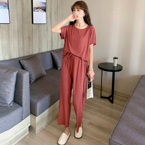 Two Piece Set New Fashion Sleepwear Pajamas For Women Short Sleeve Summer Pyjamas Female Loose Long Pant Nightwear Pijama Suit