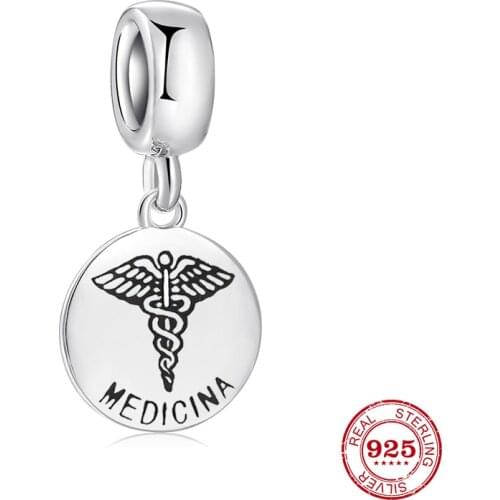 Real 925 Sterling Silver MEDICINA letter fine Pendants beads Fit Original Pan Charm Bracelet Jewelry making