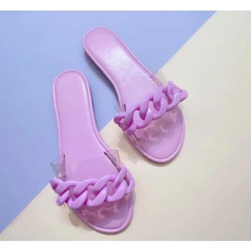 HEVXM 2021 New Sandals Fashion Big Chain Decorative Vamp Color Cute Cool Slippers European and American Flat Bottom Slippers