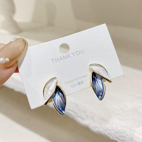 Japan And South Korea Simple Fashion Leaf Cute Earrings Female Elegant Sweet Blue Wild Literary New Ear Jewelry Female