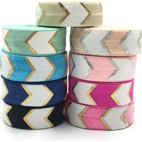 1 Meter 5/8"16mm White Gold Foil Arrow Chevron Printed Fold Over Elastic Ribbon DIY Strap Hair Band Sewing Accessories