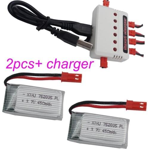 XINJ Charger+2pcs 3.7V 450 mAh 25C Polymer Lipo battery JST plug 752035 for Syma X5c Cheerson CX-30W RC Quadcopter Drone