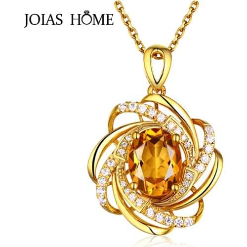 JoiasHome Classic 925 sterling silver necklace pendant for women with yellow color round shape gemstones charm lady gift
