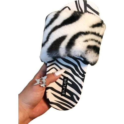 Zebra Stripe Print Fluffy Upper Round-toe Open-toe Flat Sandals Faux Fur Fashion Warm Shoes Woman Slip on Flats furry slippers
