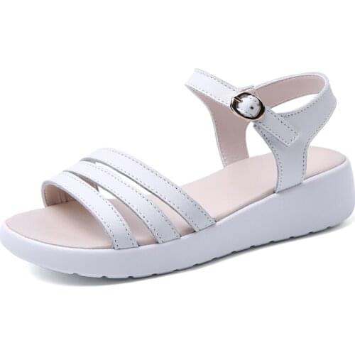 YSHUNIJ 2021 Summer Split leather Women sandals Three Strap Low heel wedge sandals Woman Flats sandals ladies Beach sandals