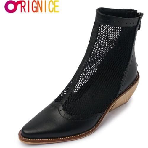 Orignice Top Quality Women Summer Ankle Boots Vintage Genuine Leather 2021 Newest Back Zipper Pointed Toe Party Working Shoes
