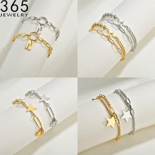 Double layered Smiley Five-pointed star Pulseras Pendant Bracelets For Women Stainless Steel Girl Beads Bracelet Gift Wholsale