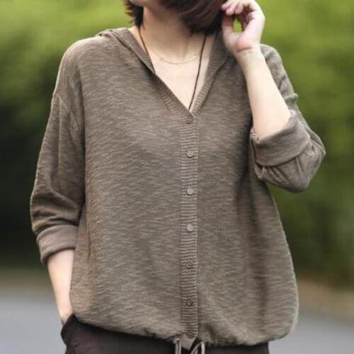 Johnature Casual Hooded Sweater Full Sleeve Solid Color Single Breasted Button Cardigans 2021 New Autumn/Winter Women Sweaters