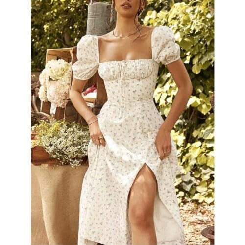 2021 White Floral Print Ball Gown Dress Puff Sleeve Retro Women Adjust Ruched Collar Hem Slit Swing Long Dresses Fairy Vestidos