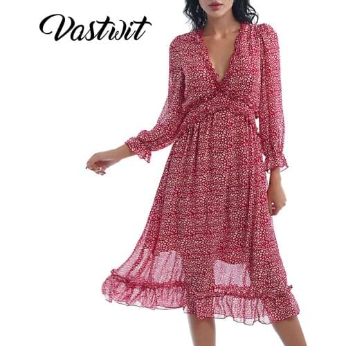 Women V Neck Chiffon Dress Sexy Butterfly Sleeve Print High Waist Spring Summer Ruffle Dress