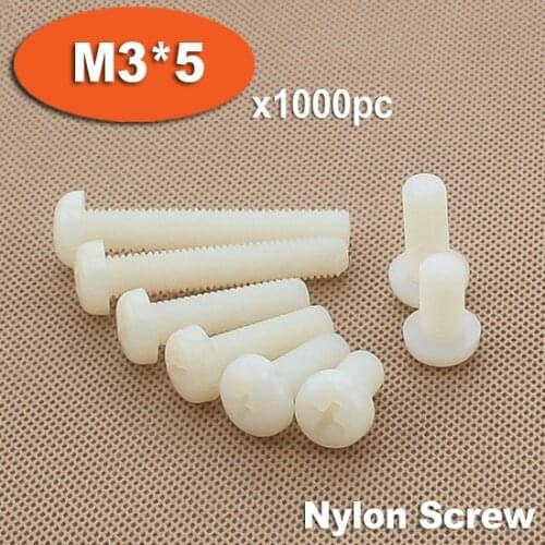 1000pcs DIN7985 M3 x 5 White Plastic Nylon Pan Head Phillips Screw Cross Recessed Raised Cheese Head Screws
