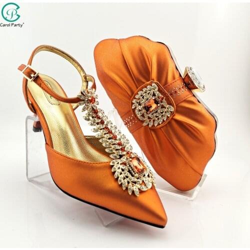 2021 Newest Italian design Fashion Style African Womens Wedding Shoes and Bag Sets in Orange Color for Royal Party