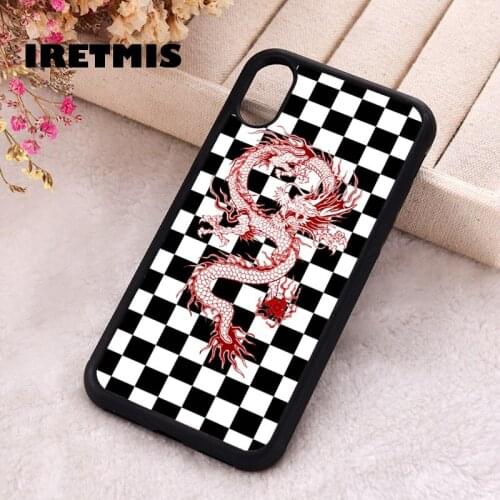 Iretmis 5 5S SE Phone Cover Case for iPhone 6 6S 7 8 Plus X Xs XR 11 12 Mini Pro Max Silicone red dragon on black white checker