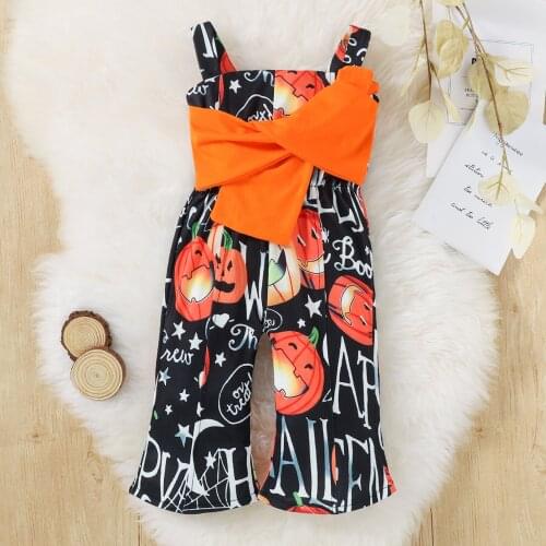 Baby Jumpsuit, Halloween Pumpkin Print Catsuit, Wide-Strap Trousers With Bow