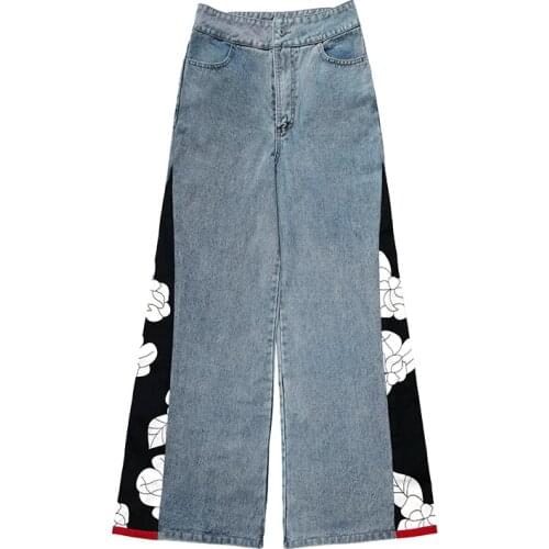 Denim Trousers Retro Wide-leg Pants Womens Straight Trousers High Waist Loose Jeans High Quality Print Stitching Long Pants