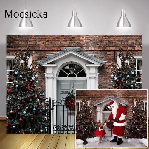 Christmas Minster House Portrait Backdrop Window Christmas Trees Brick Wall Background Bells Wreath Winter Art Photography Props