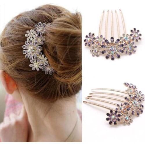 Glamour Fashion Hair Clip for Women Sweet Alloy Diamond Flower Petal Hair Comb Lady Headwear Girls Hair Accessories