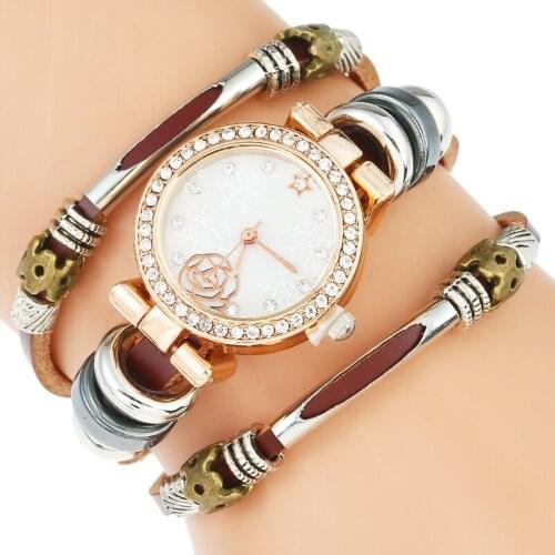 Gnova Platinum Top Genuine Leather Watch Women Crystal Dial Golden Rose Triple Bracelet Wristwatch Fashion Reloj Para Dama B029
