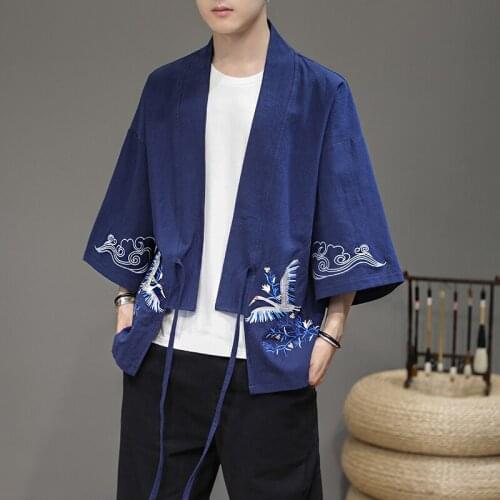 Crane Embroidery Cotton Blue Mens Tunic Traditional Chinese Clothing For Mens Hanfu Cardigan Red Daopao Kimono National Costume