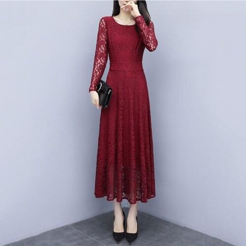 Lace Dress Autumn Winter Womens 2020 Plus Velvet Thick Long Sleeve Dress Hollow Mid Length Pullover O-Neck Vestidos Mujer Q339