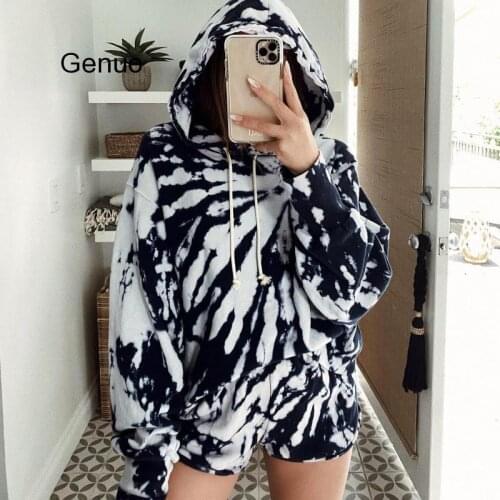 Hooded Shorts Set Home Suit Women Tie Dye Print Hoodie Long Sleeve Autumn Womens Clothes Streetwear Harajuku Hoodies Sets