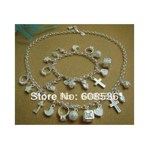 Fashion Jewelry, Hot S925 Sterling Silver Color Sets Necklace & Bracelet,13 CHARMS S72