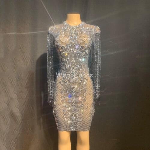 New Sexy Silver Rhinestones Black Fringes See Through Birthday Celebrate Dress Prom Outfit Bar Women Dance Dresses Transparent
