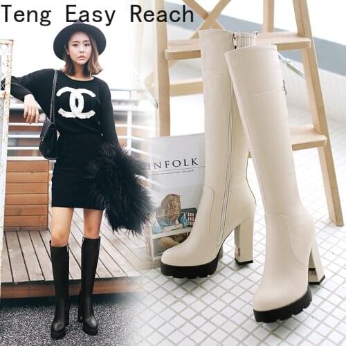 Autumn Women Boots Pu Platform Knee High Boots Sqaure High Heel Long Boots Zipper Winter Shoes Big Size 41 42 43 Black White