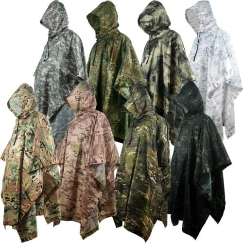 Camo Hunting Ghillie Suits Rain Poncho Polyester+PuWaterproof Raincoat Environmental Emergency Rain Poncho Outdoor Sportswear