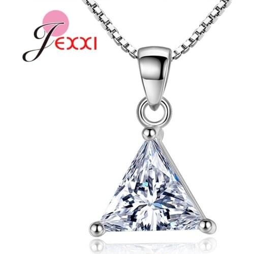 925 Sterling Silver Jewelry for Women Wedding Anniversary Clear Austrian Crystal Simple Triangle Pendants Necklace Collar