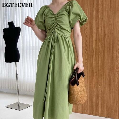 BGTEEVER Chic Elegant Puff Short Sleeve Women Midi Dress V-neck Lace-up Slim Waist Female A-line Dress Vestidos 2021 Summer