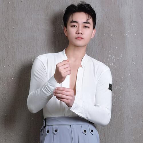 New Latin Dance Tops Men Sexy V-Neck Long Sleeve Shirt Cha Cha Rumba Samba Performance Wear Male Competition Clothing DNV13787